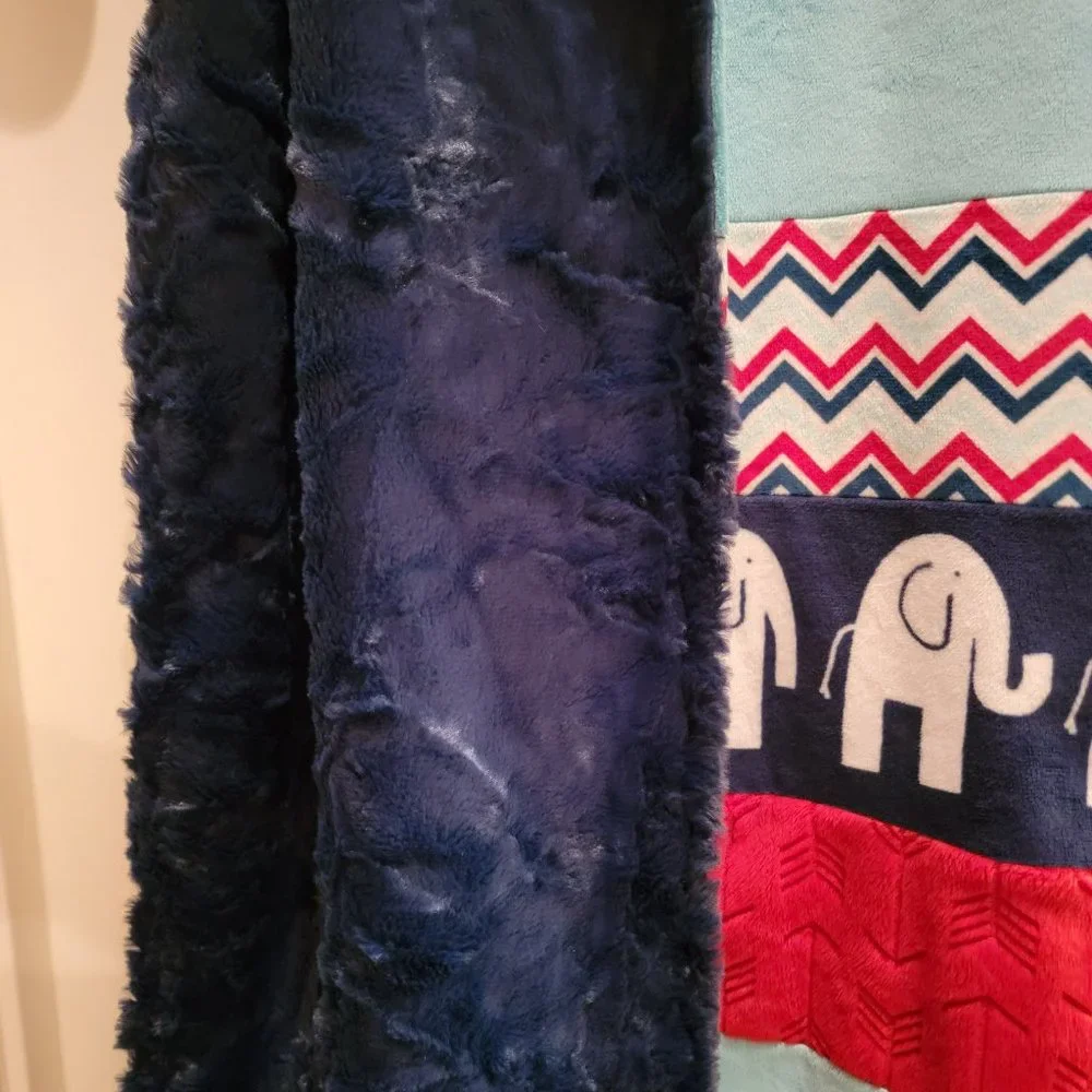 Handmade Minky Elephant Blanket 56x48 Large Plush Throw Navy Red Blue Soft Cozy